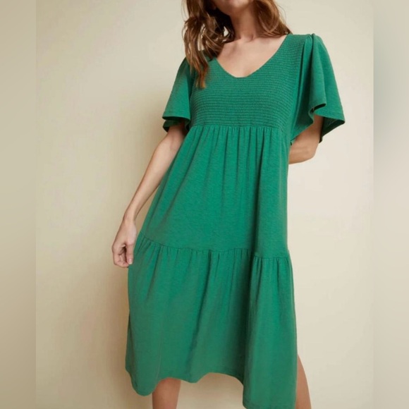 Nation LTD Jacie midi dress S green tiered smocked nap flutter Pima cotton NWT - Picture 3 of 11